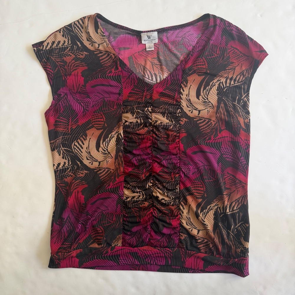 Worthington Y2K Plum Pink Purple Tie Dye Ruched Cap Sleeve Top Indie Sleaze Boho